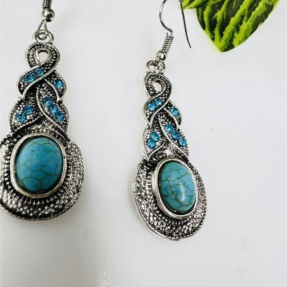 Teal Blue Faux Turquoise Ribbon Braided Rhinestone Silver Tone Dangle Earrings